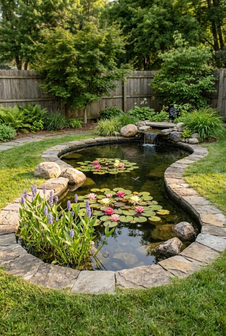 Kidney-shaped backyard pond edged with fieldstone, with pink and yellow water lilies and blue pickerel rush on a planting shelf