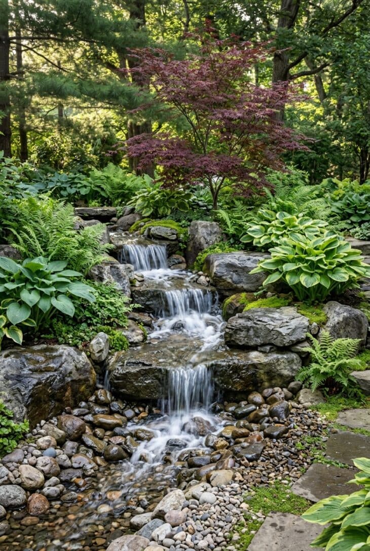 Small waterfall tumbling over gray boulders into a bed of river rock, with ferns and hostas around it