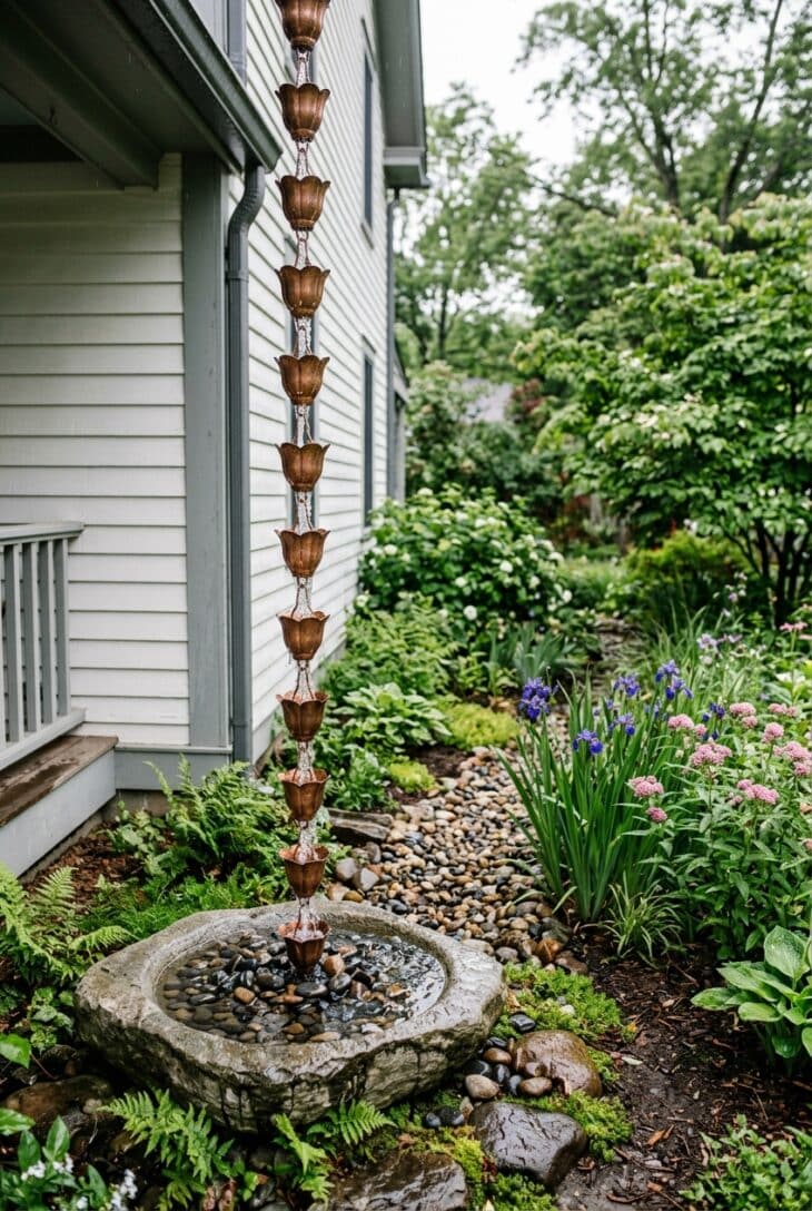 Copper rain chain pouring into a stone basin of pebbles beside a clapboard house, with an iris-filled rain garden beyond