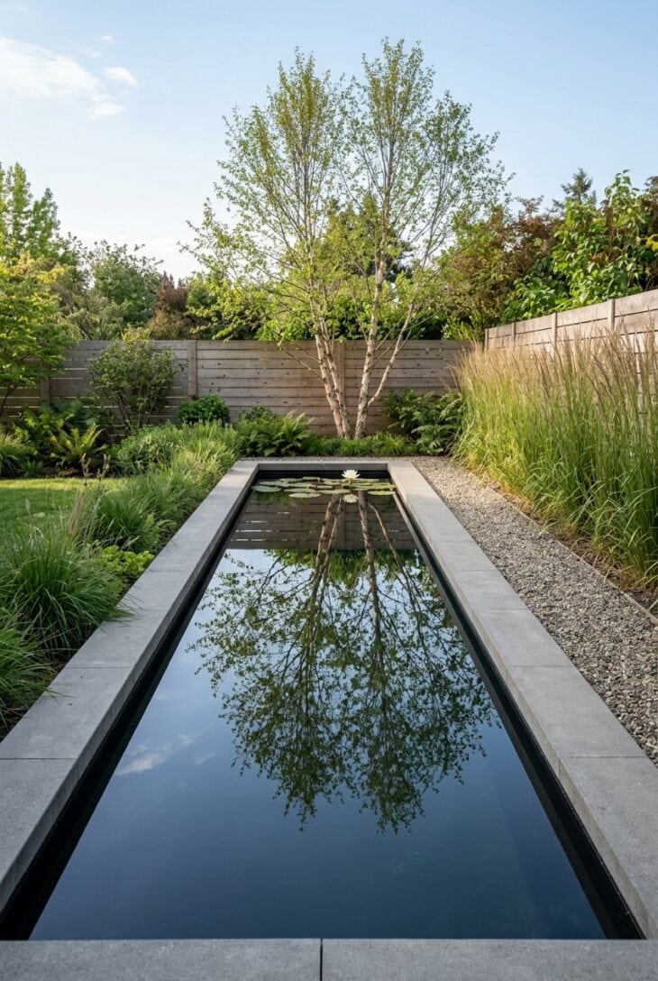 Rectangular dark reflecting pool with a concrete edge mirroring the sky and a multi-stemmed tree, with grasses beyond