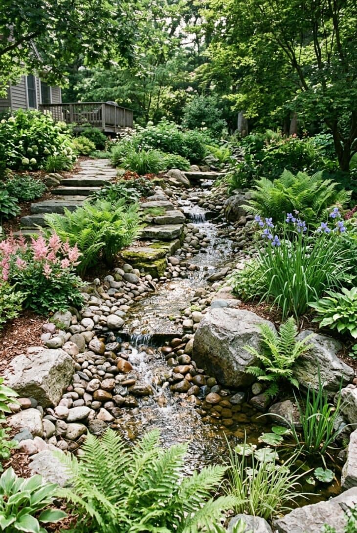Narrow stream winding down a slope over river stones and small ledges, edged with ferns, pink astilbe and blue iris