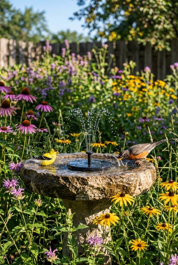 Stone birdbath with a small solar fountain, a goldfinch and a robin at the edge among coneflowers