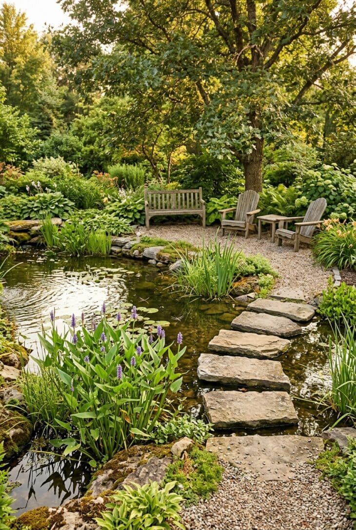 Flat stepping stones crossing a shallow pond end to a gravel seating nook with a wooden bench