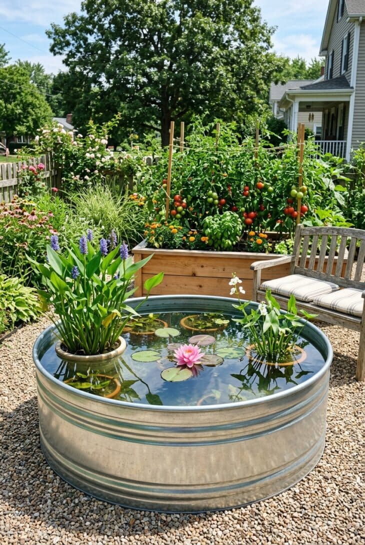 Galvanized steel stock tank holding a pink water lily and potted pickerel rush on a gravel pad