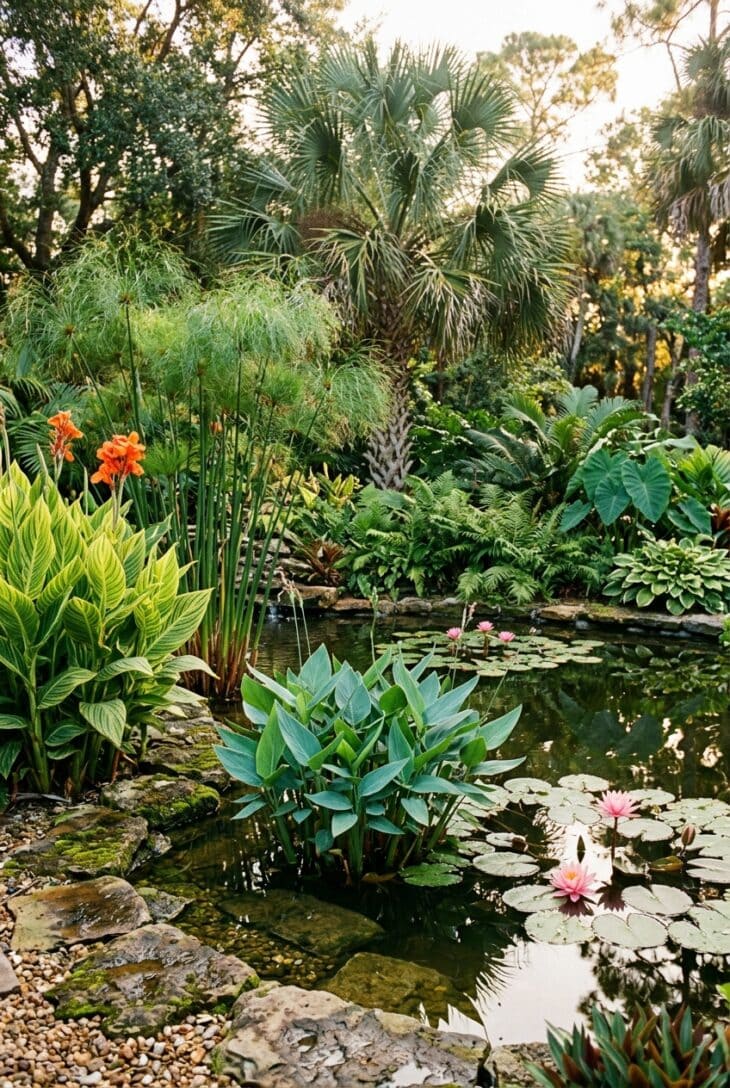 Tropical pond with tall papyrus, orange canna, alligator-flag and a cabbage palm around pink water lilies