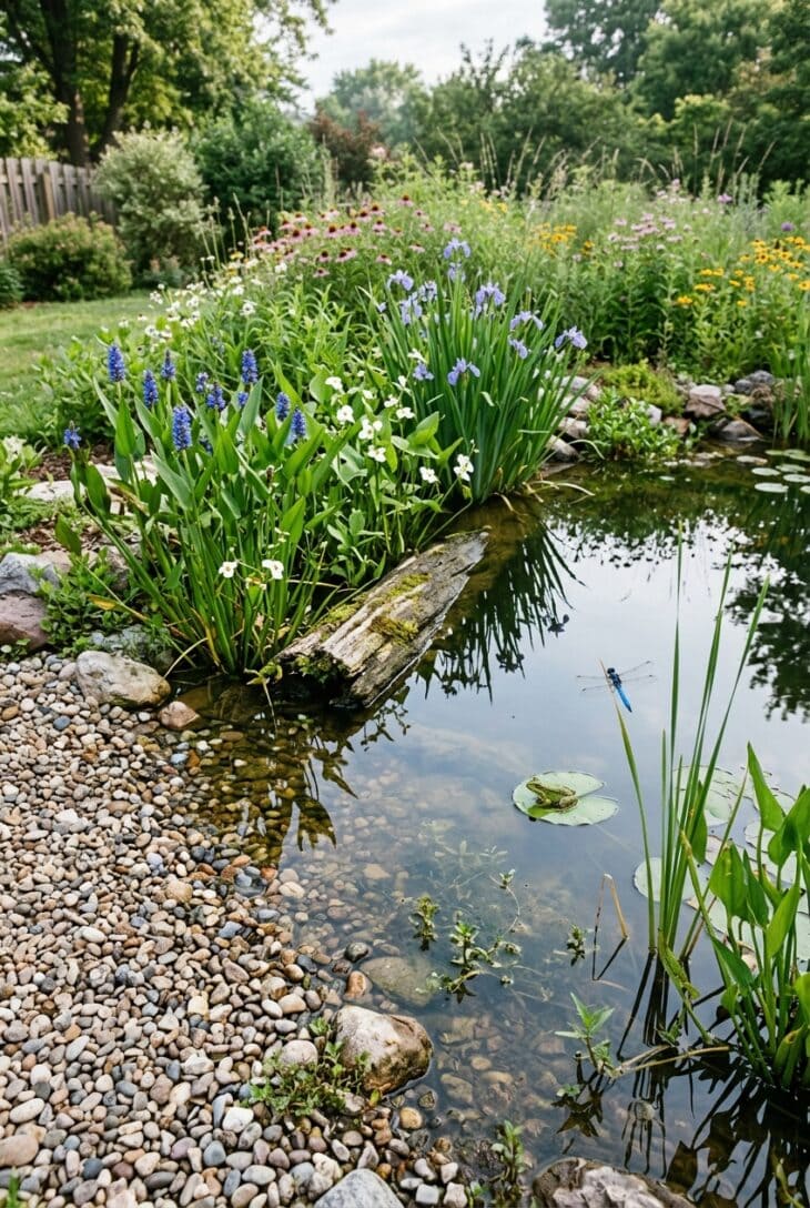 Wildlife pond with a gravel beach, blue flag iris and pickerel rush, a green frog on a lily pad and a dragonfly on a reed