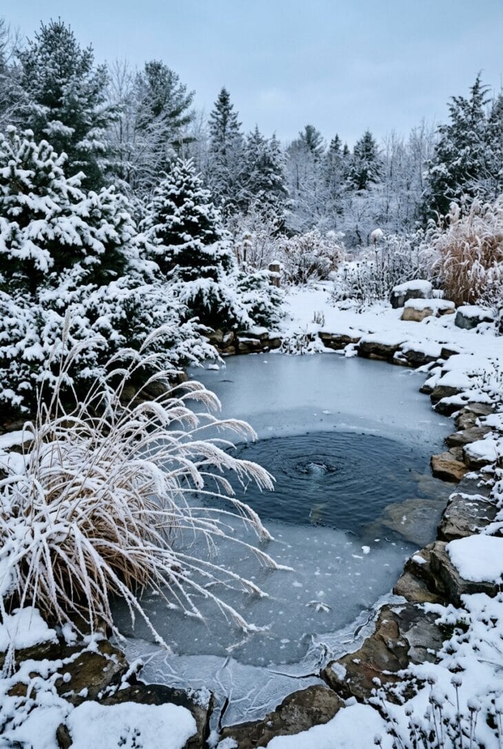 Backyard pond in winter with ice at the edges, an open patch of water and snow on stones and evergreens
