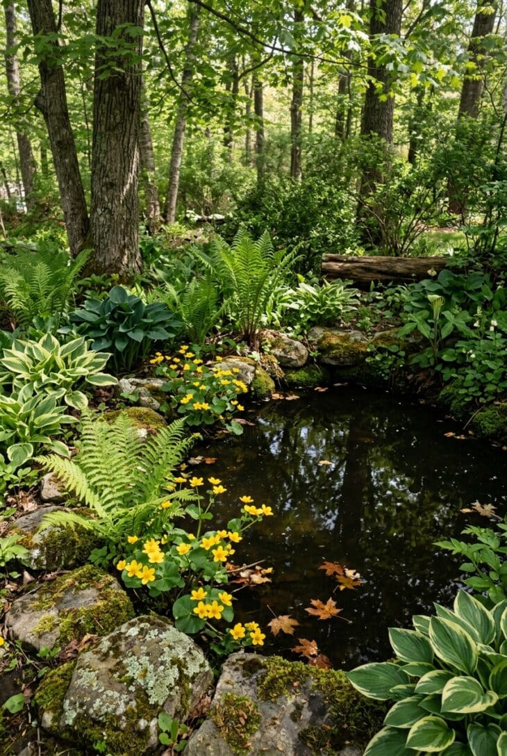 Dark woodland pool under trees edged with ferns, hostas and yellow marsh marigold flowers