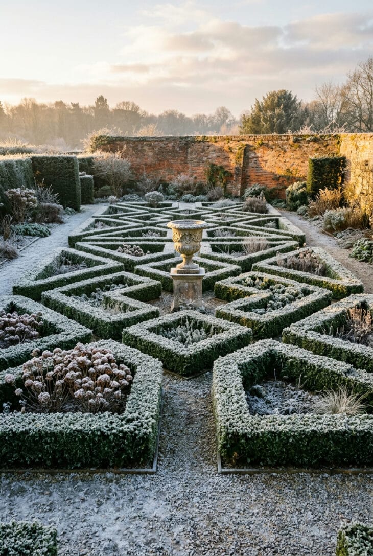 Geometric clipped boxwood parterre with a stone urn and white frost on the hedges in morning light