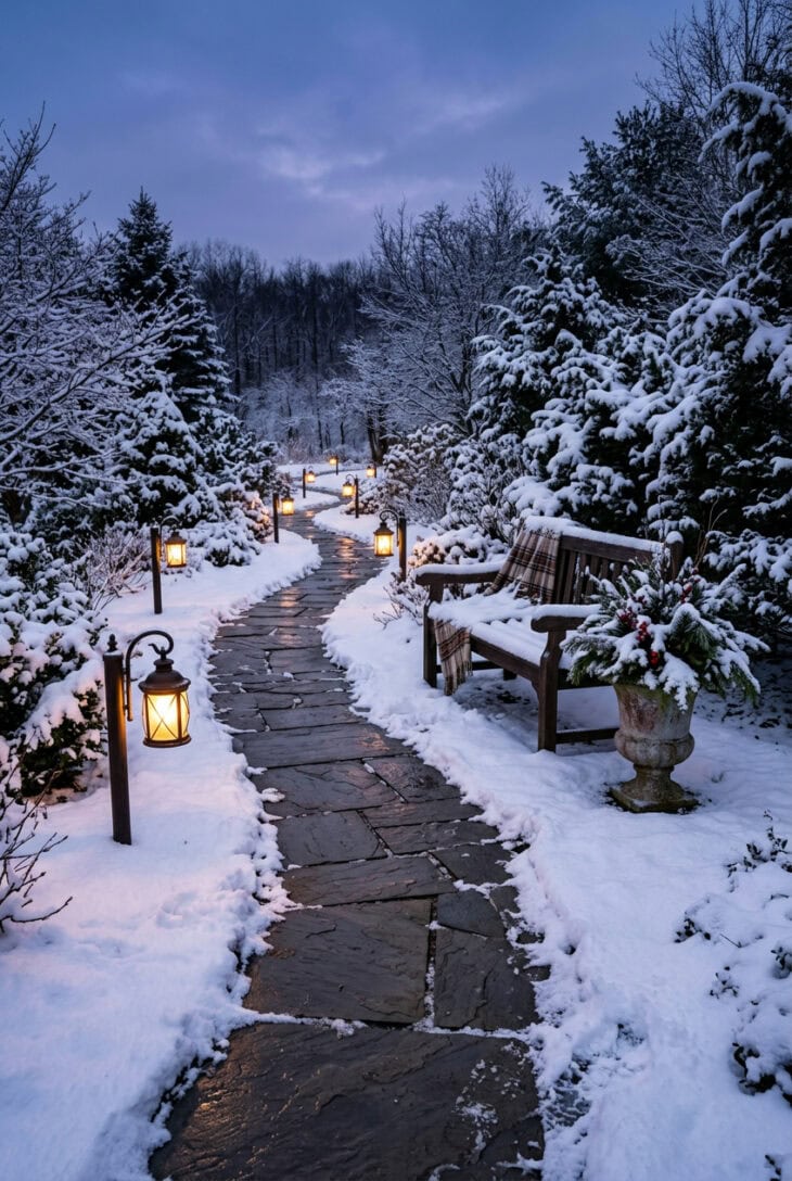 Shoveled flagstone path with glowing lanterns leading to a wooden bench and stone urn in a snowy garden at dusk