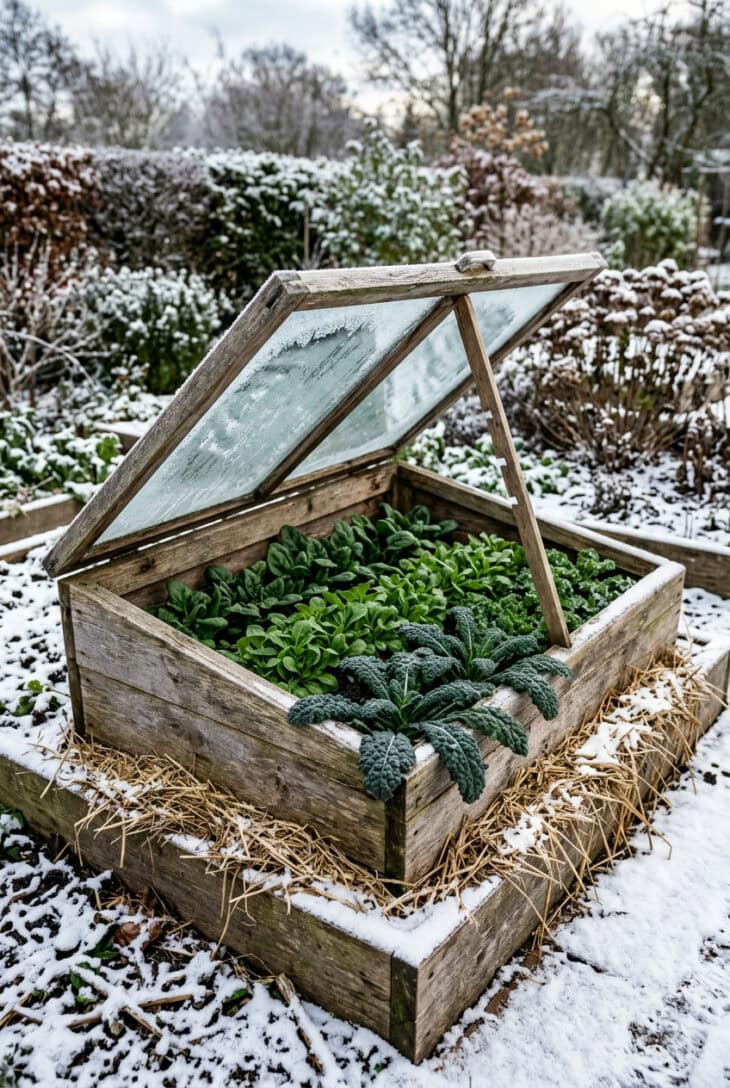 Wooden cold frame with open lid full of spinach, lamb's lettuce and kale in a snowy raised bed