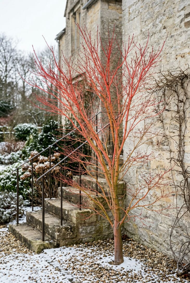 Leafless coral-bark Japanese maple with glowing red-orange twigs against a pale stone wall and gravel