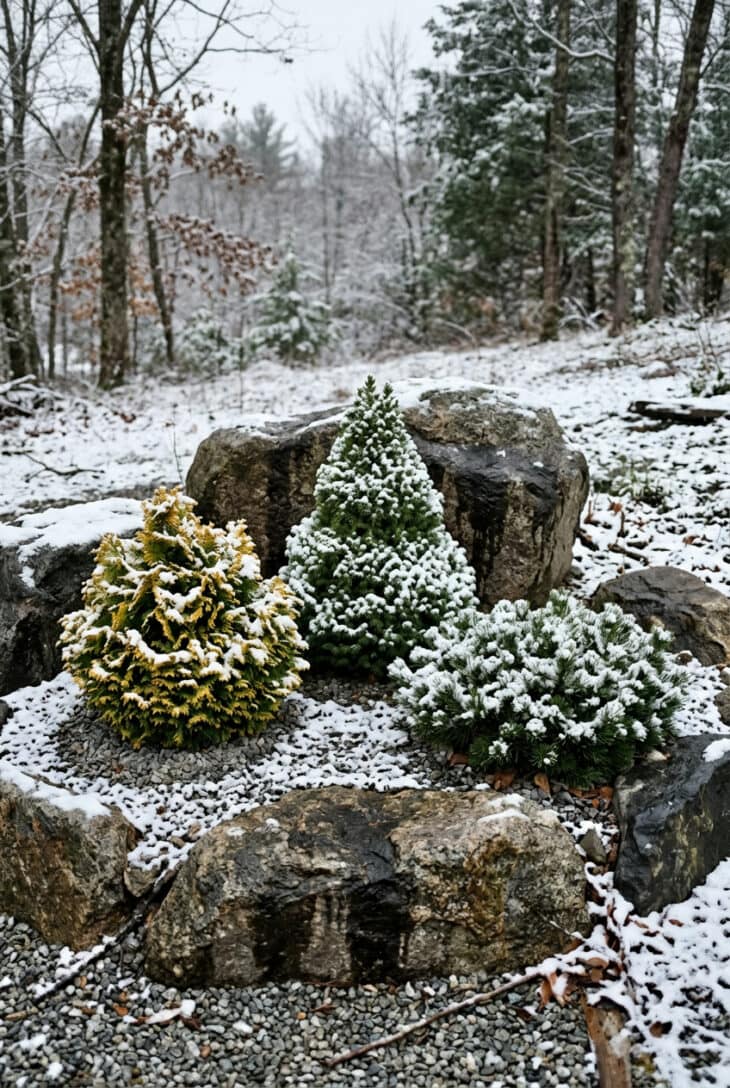 Golden hinoki cypress, dwarf Alberta spruce and mugo pine among rocks in a snowy gravel bed