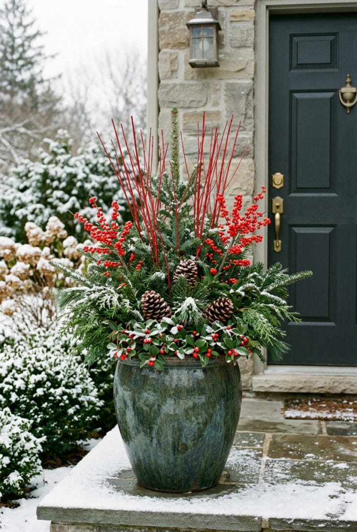 Frost-proof pot beside a dark front door filled with evergreen boughs, red dogwood stems and red berries