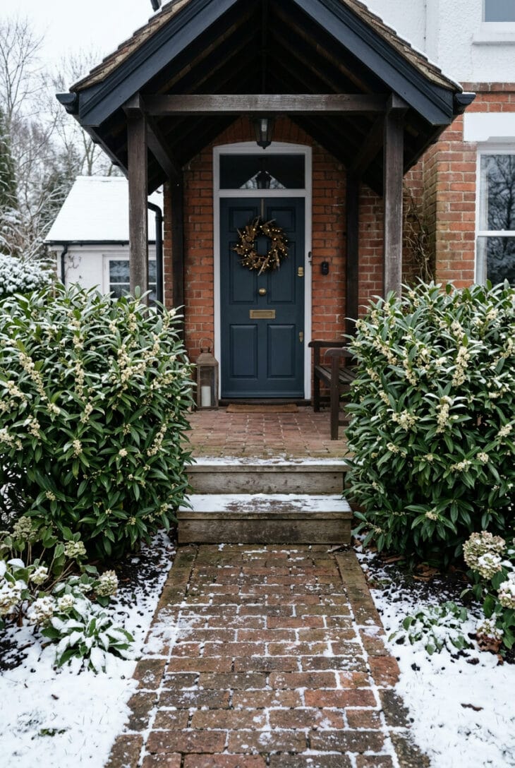 Glossy evergreen sweet box shrubs with small cream-white flowers beside a shaded front entry path