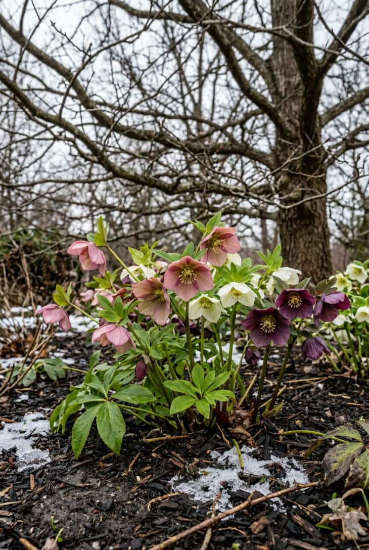 Nodding rose, white and plum hellebore flowers under a bare tree with patches of melting snow