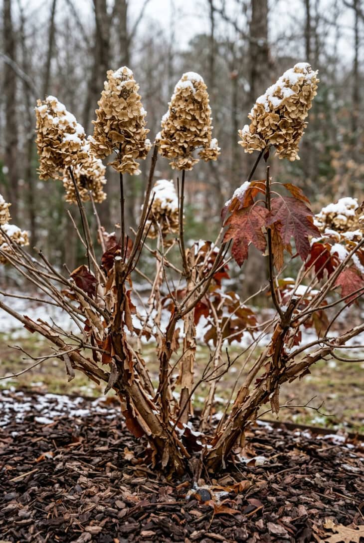 Oakleaf hydrangea in winter with peeling cinnamon bark and snow-topped tan dried flower heads