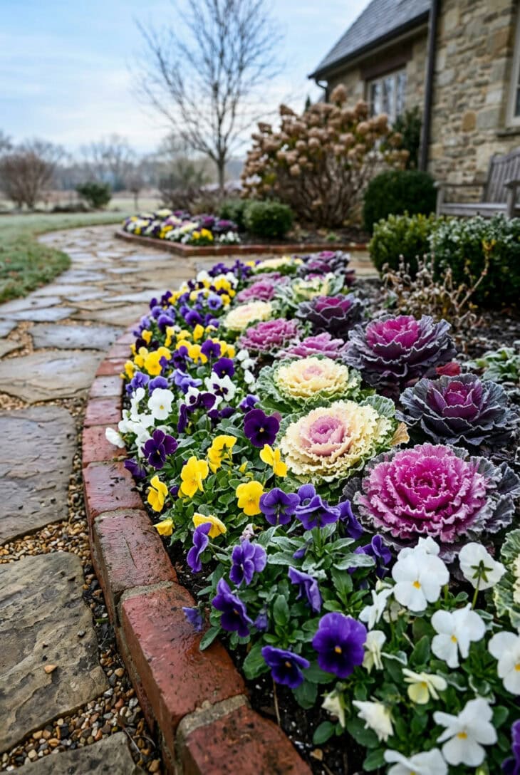Brick-edged bed of purple, yellow and white pansies and cream and purple ornamental kale with light frost