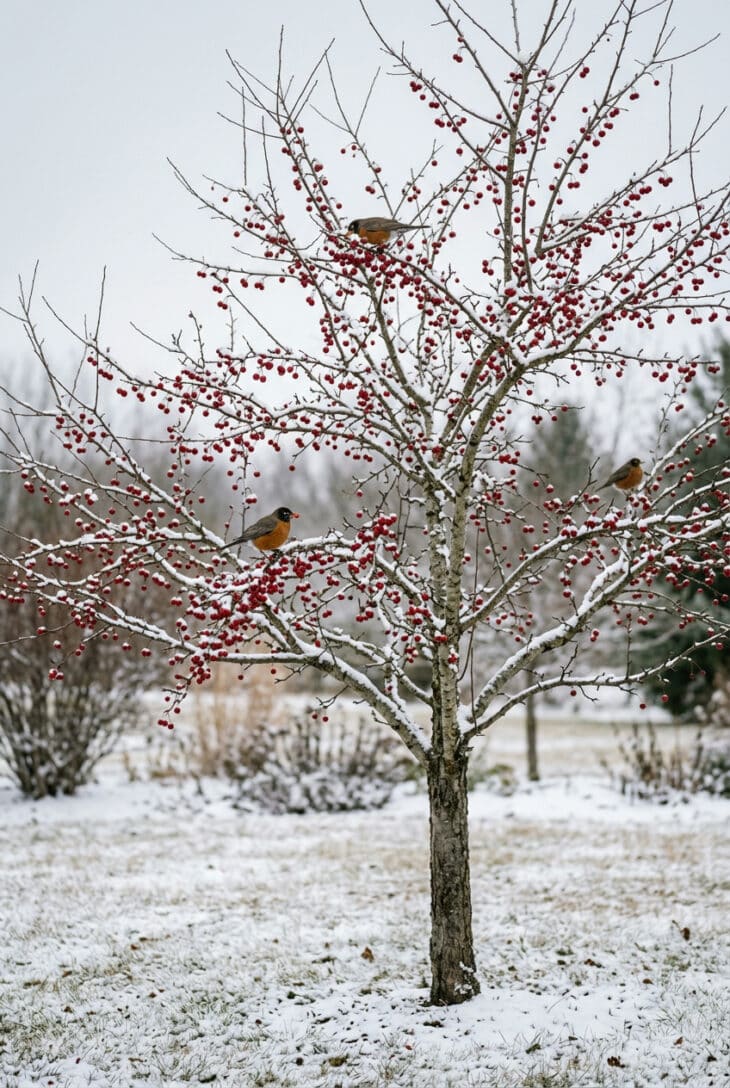 Bare crabapple tree still carrying small glossy red fruit in snow with robins feeding on it