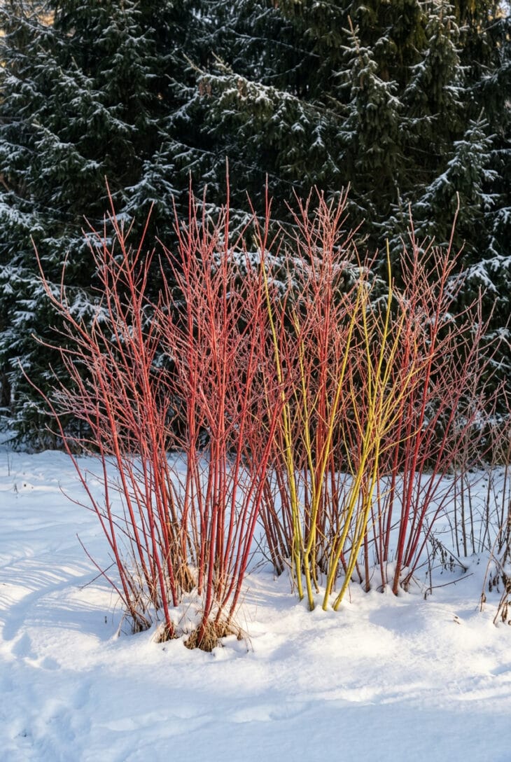 Bare red and yellow dogwood stems glowing against fresh snow and dark spruce in low winter sun