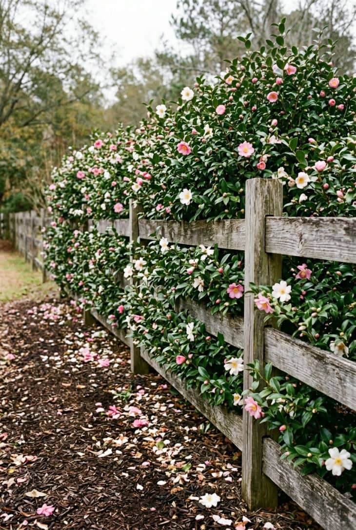 Camellia sasanqua hedge with single pink and white flowers among glossy leaves and petals on mulch
