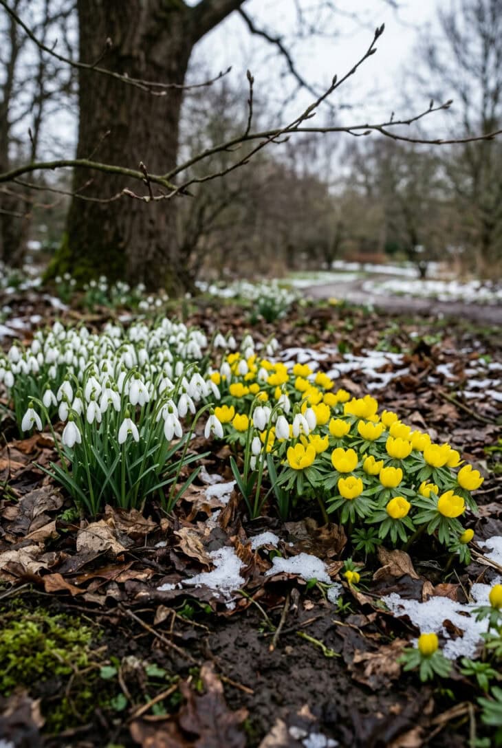 Drifts of white snowdrops and yellow winter aconite blooming through leaf litter and snow under a tree