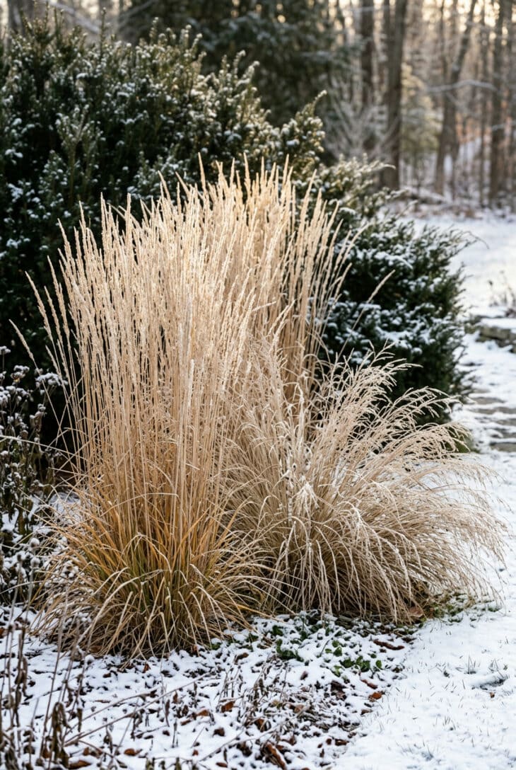 Frosted feather reed grass and switchgrass standing in a snowy border backlit by low winter sun