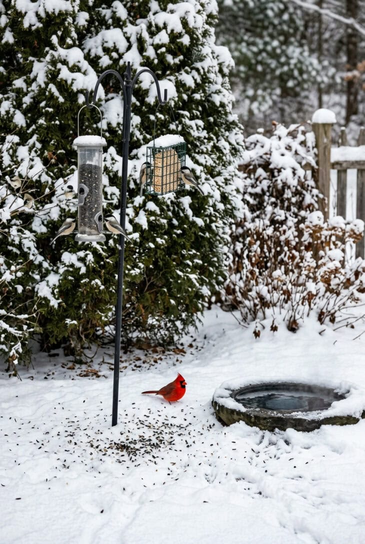 Chickadees at a tube feeder and a cardinal in the snow beside an evergreen shrub and a heated birdbath