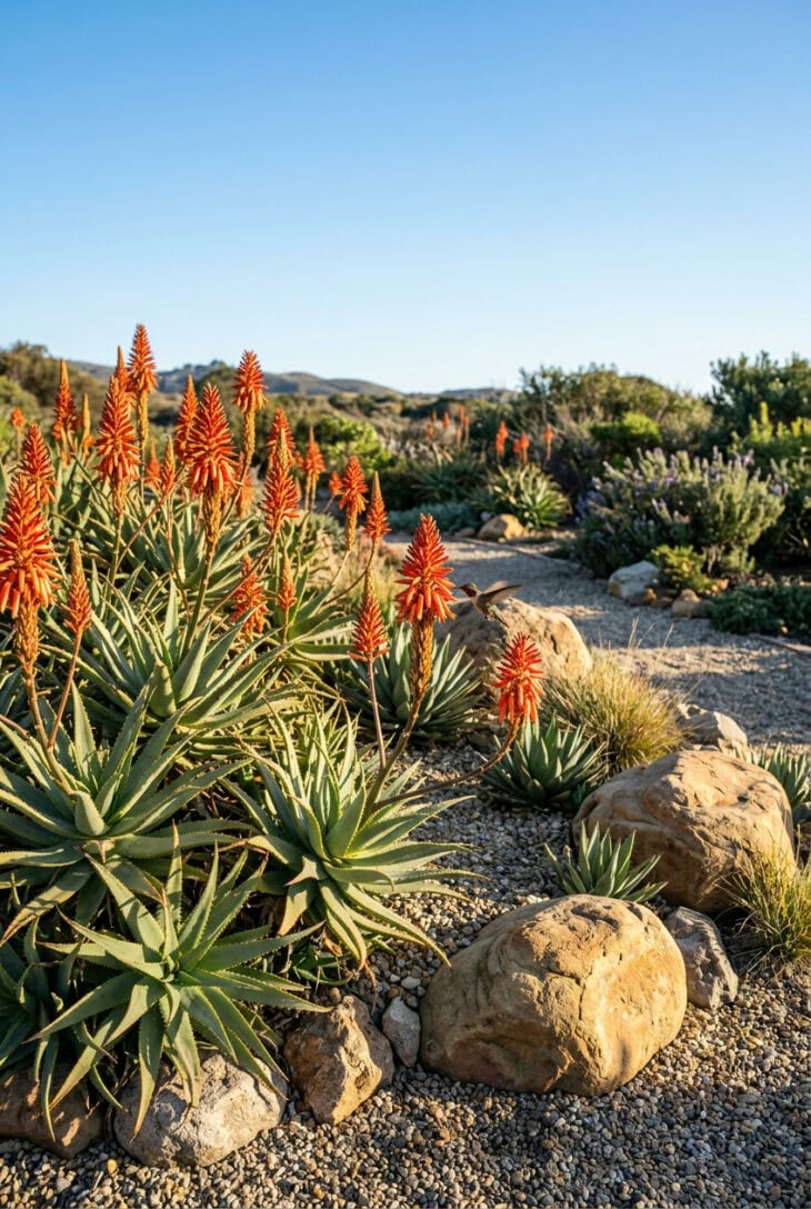 Torch aloes with tall orange-red flower spikes in a gravel garden with boulders and a hummingbird