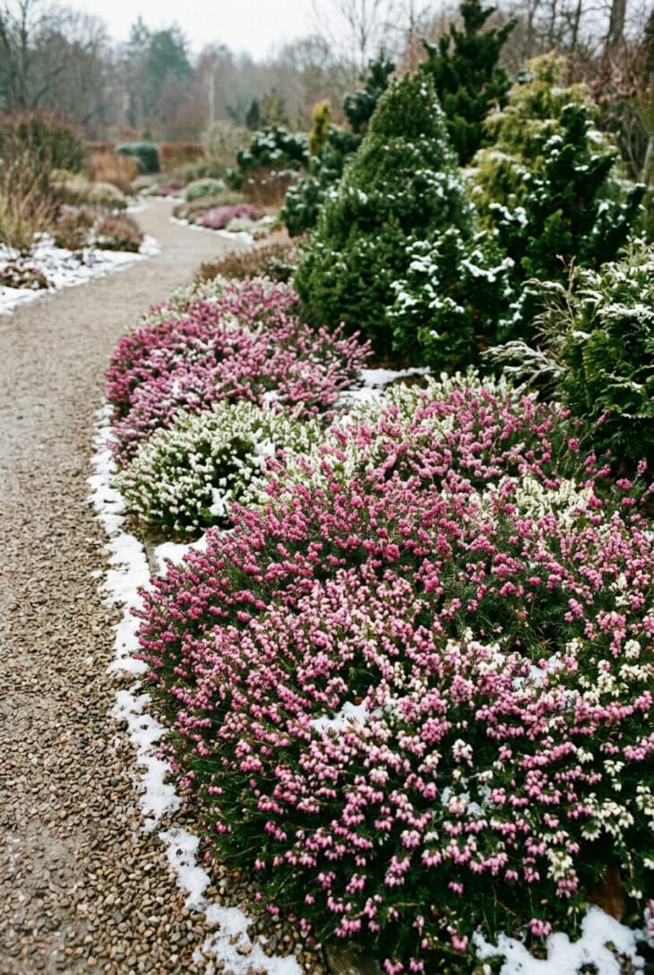 Pink, magenta and white winter heath in bloom along a gravel path with dwarf conifers and thin snow