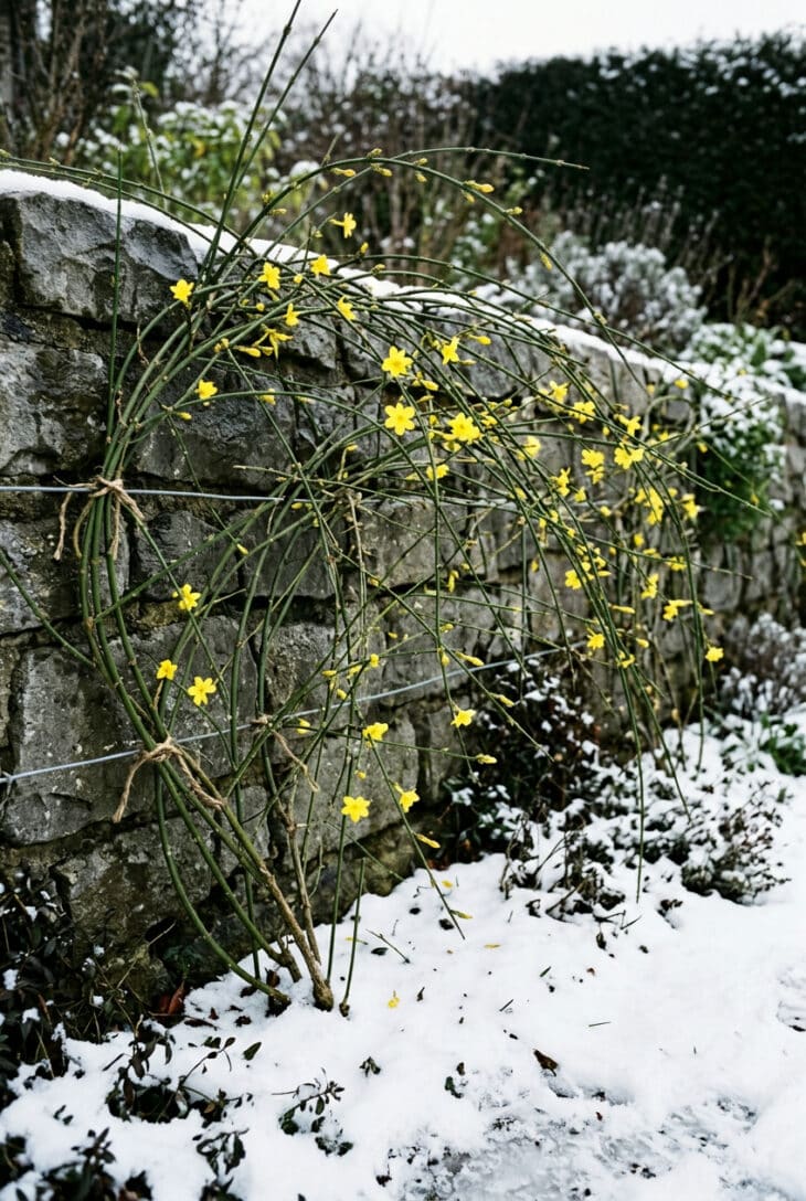 Winter jasmine with bright yellow flowers on leafless green stems trained on a gray stone wall with snow