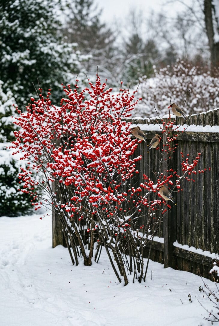 Leafless winterberry holly branches covered in red berries with cedar waxwings feeding in the snow