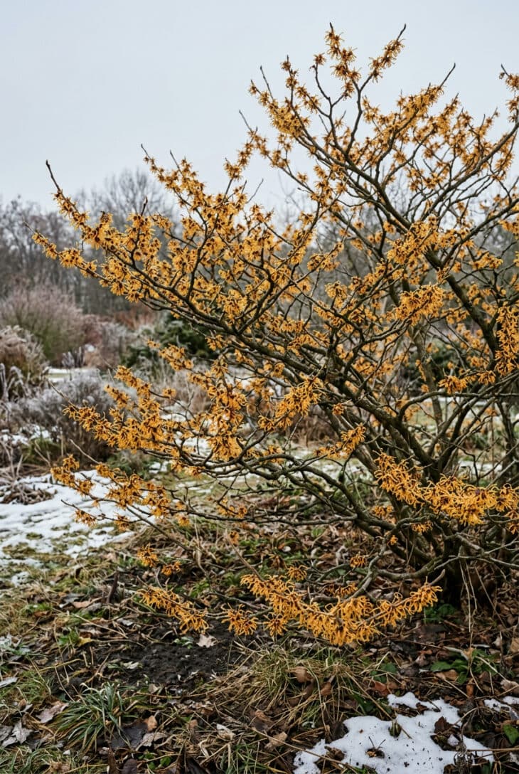 Witch hazel shrub covered in spidery yellow-orange flowers on bare branches in late winter