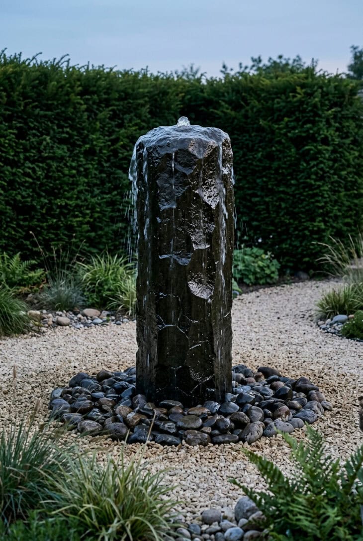 Dark basalt column fountain with water spilling into a bed of river cobbles in a gravel garden