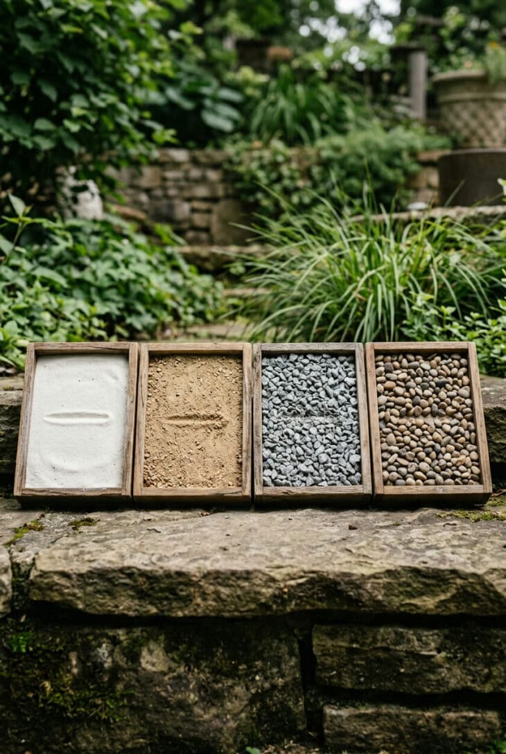 Four shallow wooden trays holding samples of white sand, decomposed granite, crushed granite and round pea gravel