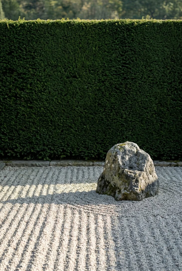 Dark clipped evergreen hedge behind pale raked gravel and a single boulder