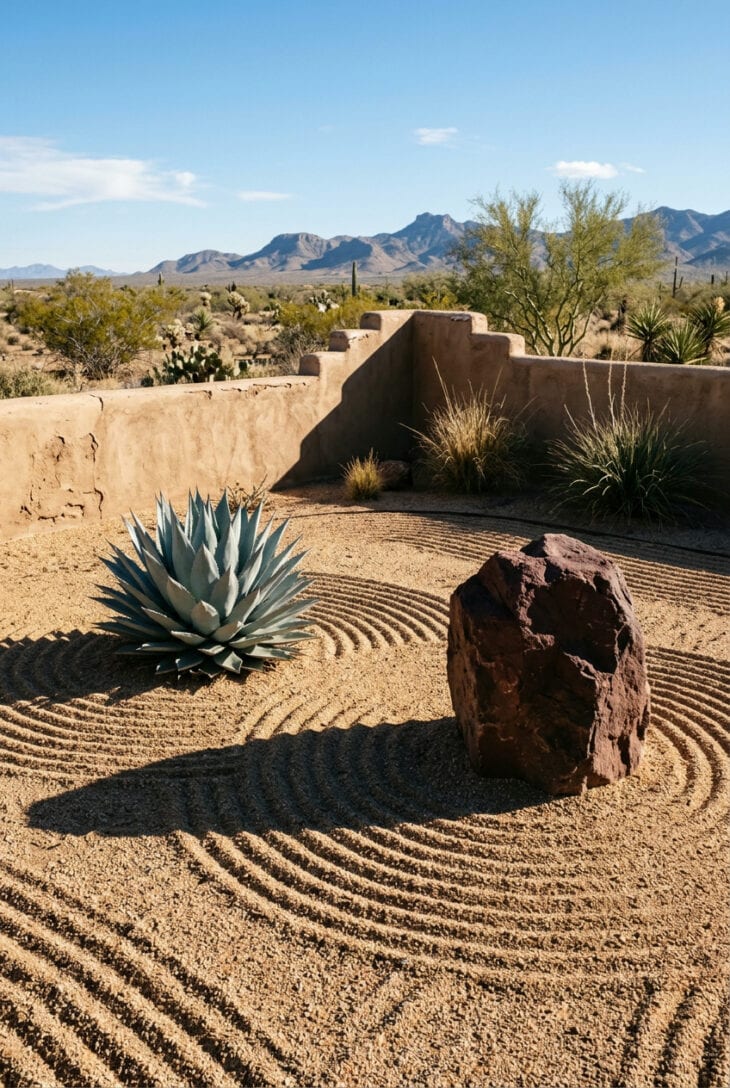 Southwestern dry garden with a blue-gray agave, red rock and tan gravel raked in curves beside an adobe wall