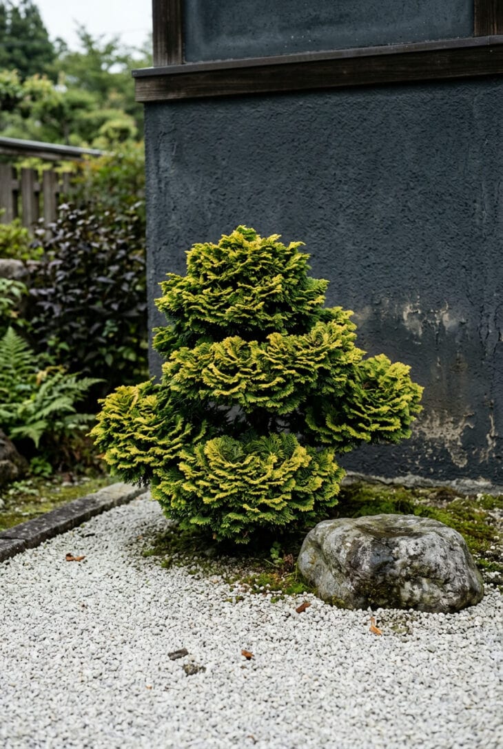 Small dwarf hinoki cypress with fan-shaped foliage at the corner of a gravel bed beside a stone