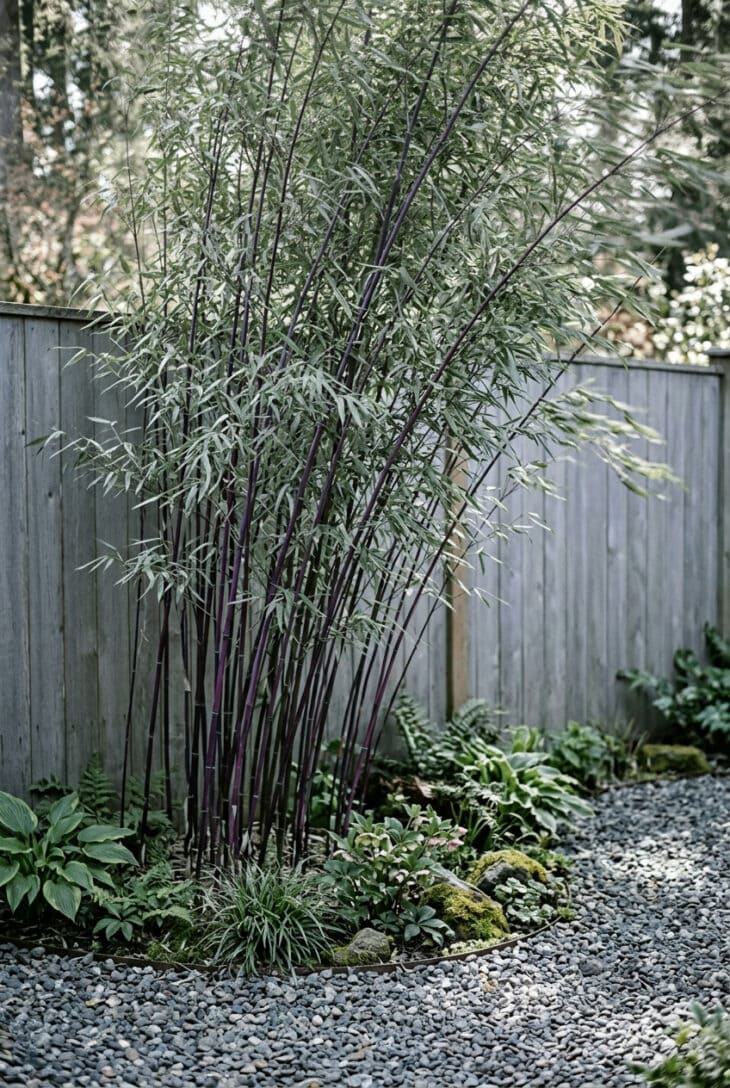 Clumping fountain bamboo arching over a gravel garden corner in dappled light