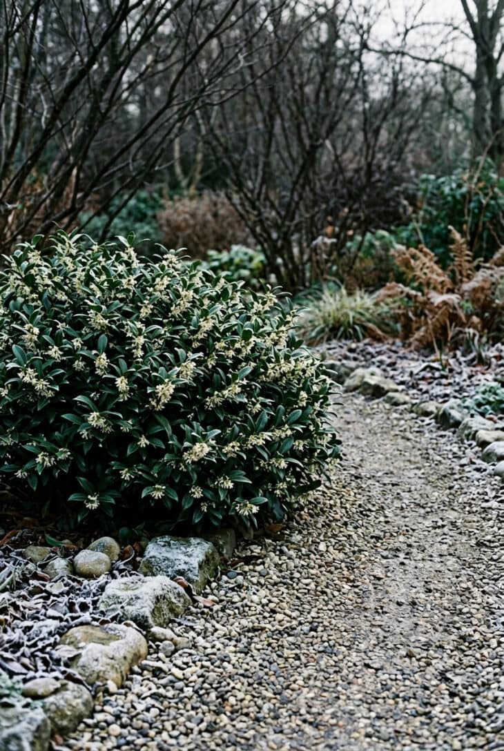 Dark evergreen sweet box shrub with small white flowers beside gravel in late winter