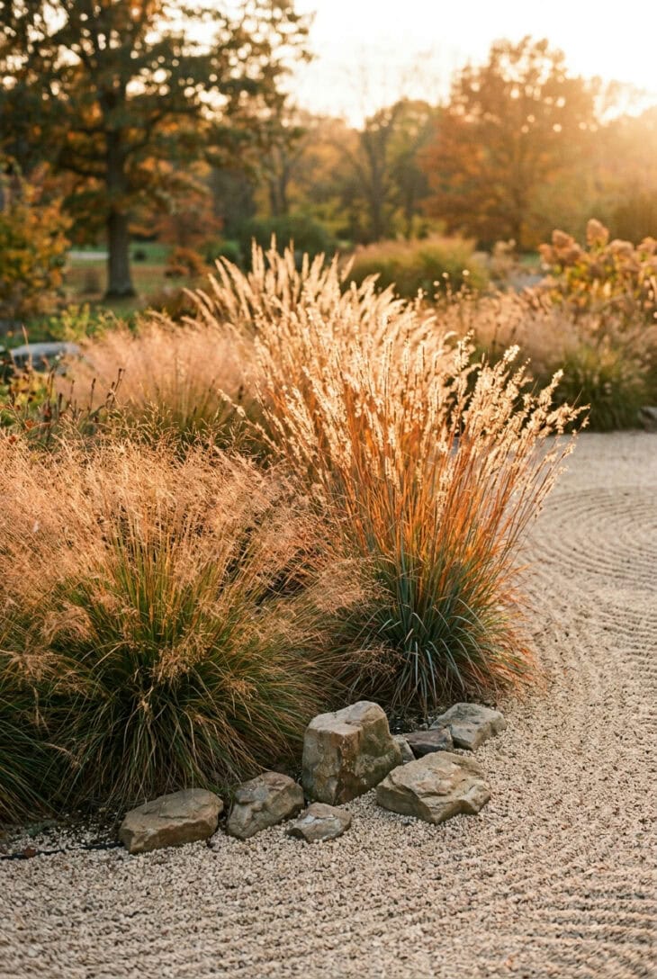 Backlit copper grass clumps rising from a gravel garden in low fall sun