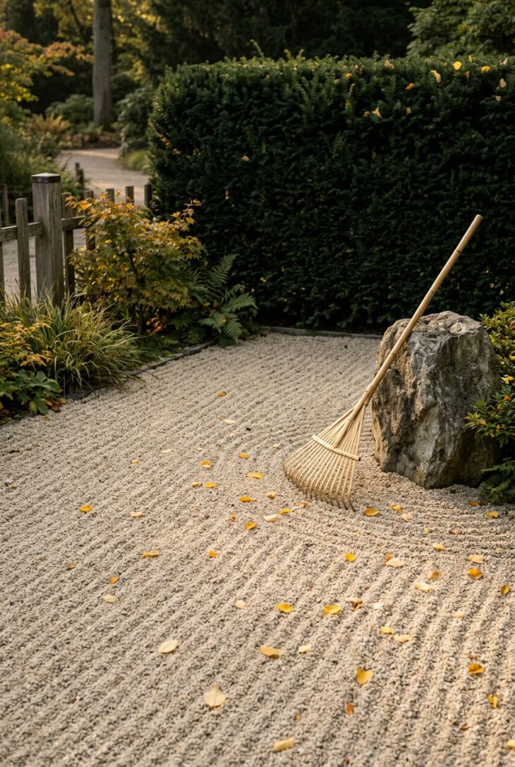 Raked gravel garden with a bamboo leaf rake leaning against a boulder and a few fallen leaves