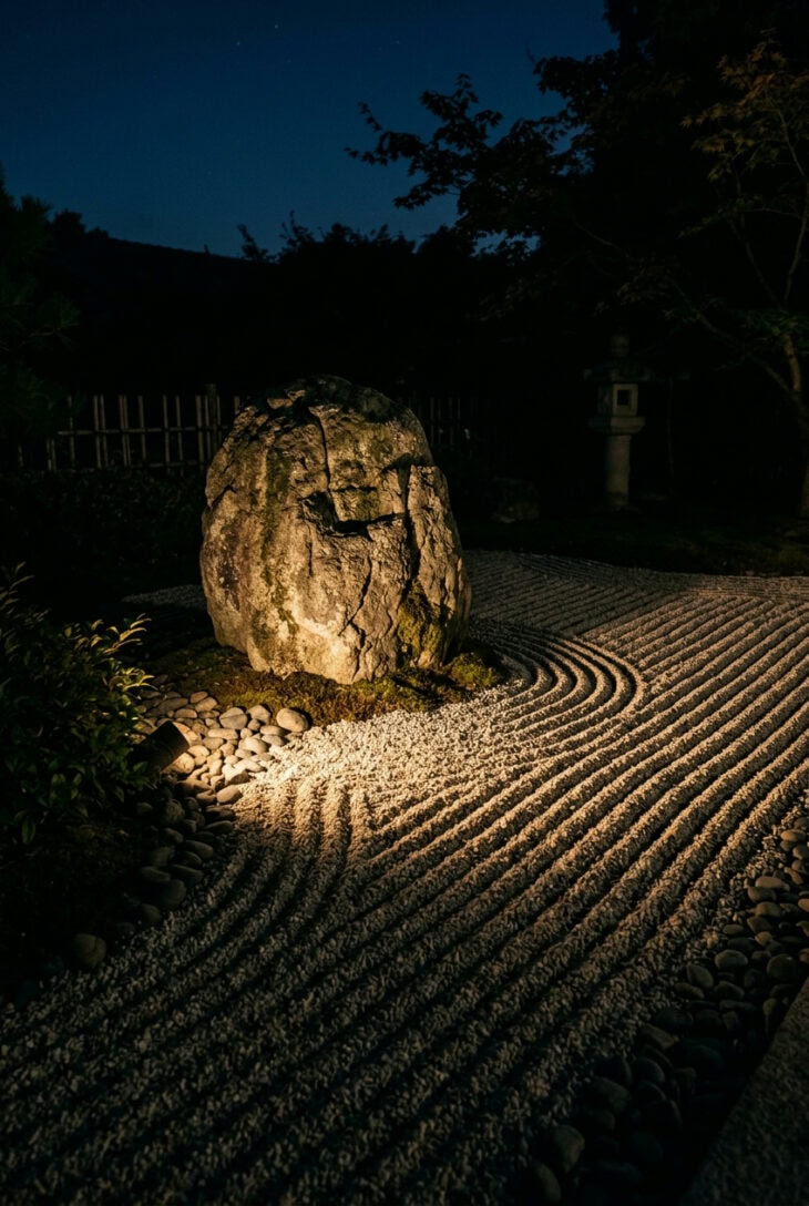 Single boulder lit from below by one warm low-voltage light at night in a raked gravel garden