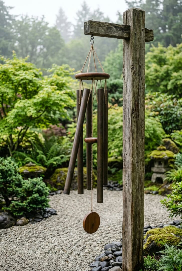 Single low-toned metal wind chime hanging from a wooden post beside a gravel garden