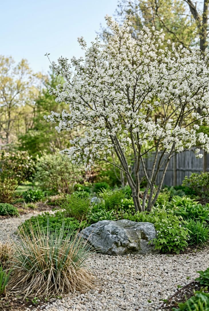Serviceberry in white spring bloom behind a gravel bed with a boulder and a clump of little bluestem