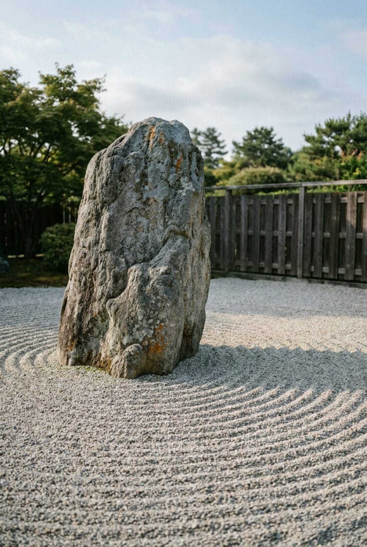 Single weathered granite boulder rising from raked gravel with ripples circling its base