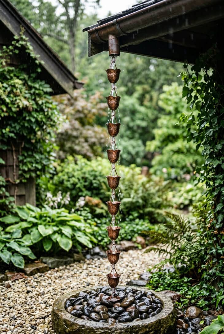 Copper rain chain with cup links carrying water into a basin of river cobbles on a rainy day