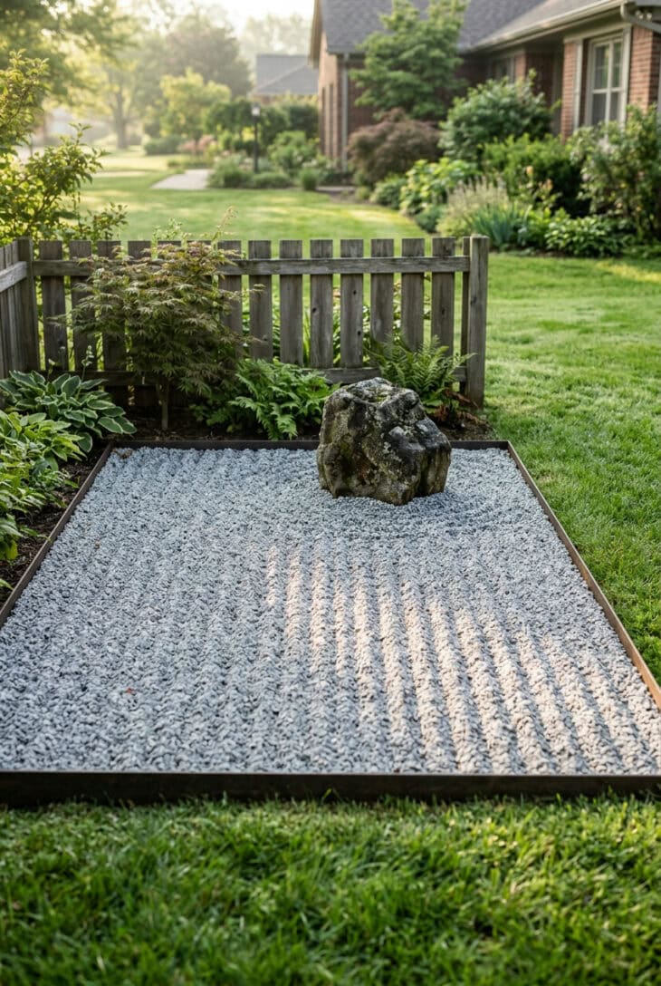 Rectangle of pale gravel raked into long parallel lines with one boulder, edged in steel beside a backyard lawn