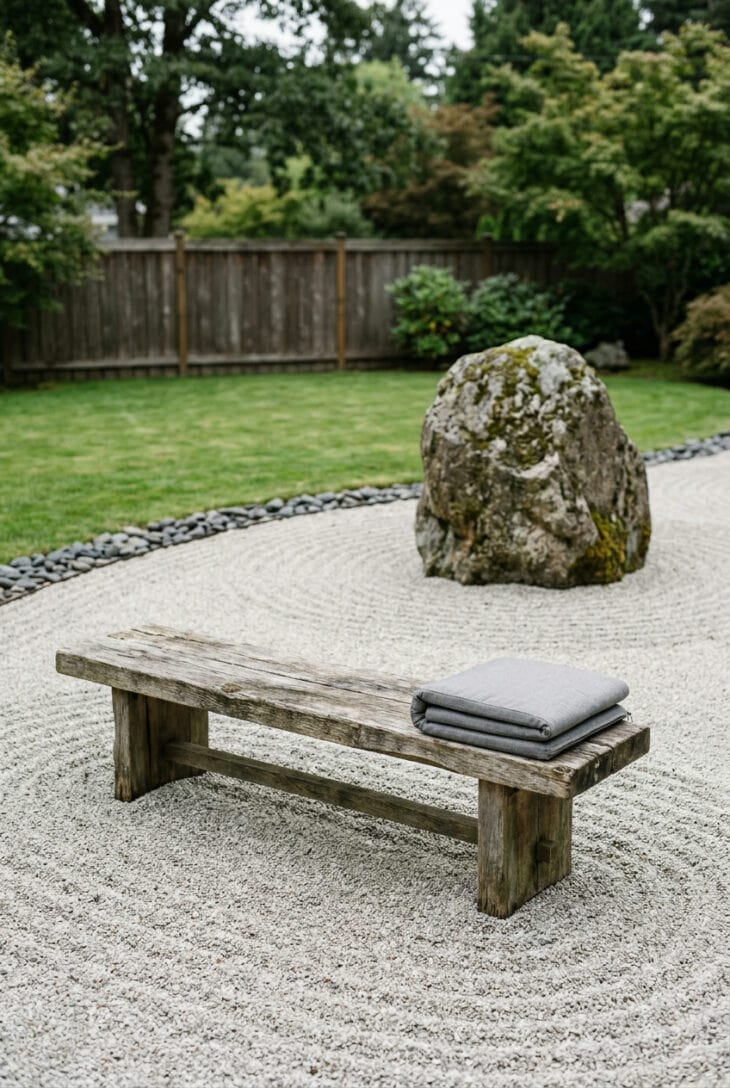 Weathered wooden bench at the edge of a raked gravel garden facing a single boulder