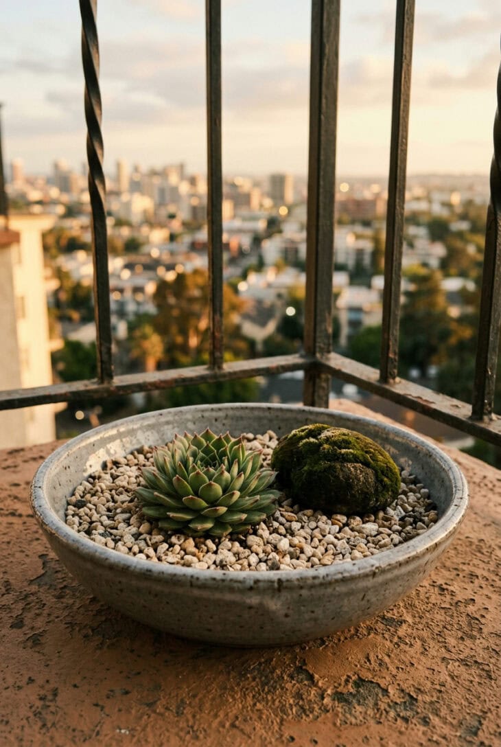 Wide shallow ceramic bowl of gravel with one stone and a small hens-and-chicks rosette on a balcony